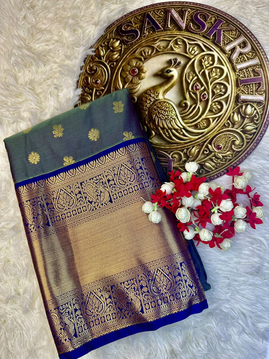 Teal Blue Semi-Silk Kancheepuram Saree with Gold Zari Border
