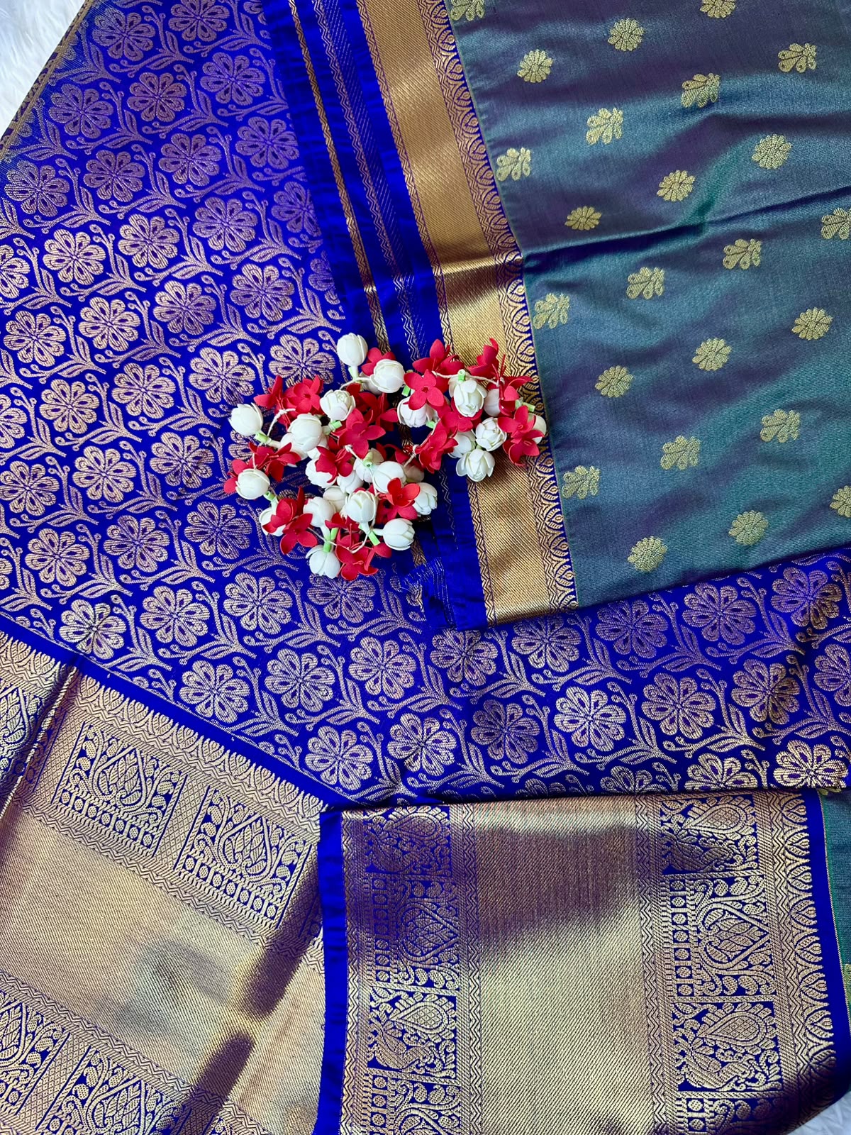 Teal Blue Semi-Silk Kancheepuram Saree with Gold Zari Border