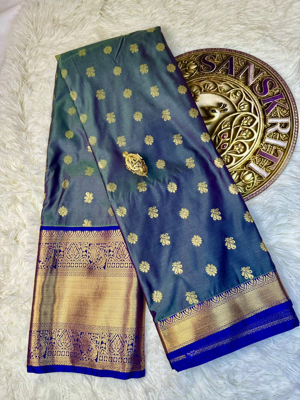 Teal Blue Semi-Silk Kancheepuram Saree with Gold Zari Border