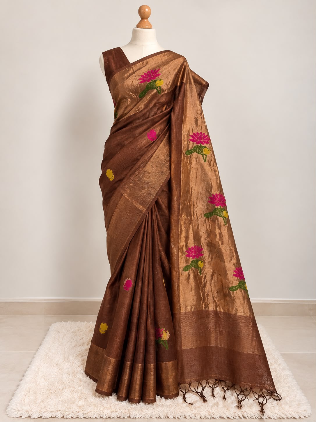 Chocolate Brown Linen Silk Saree with Handwoven Lotus Motifs