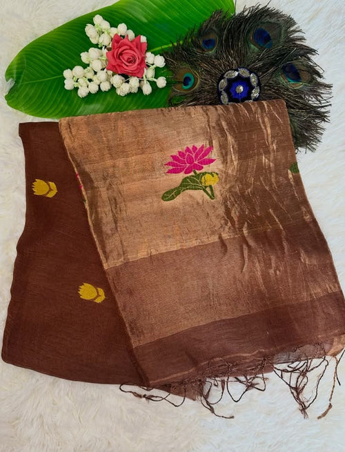 Chocolate Brown Linen Silk Saree with Handwoven Lotus Motifs