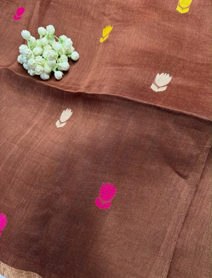 Chocolate Brown Linen Silk Saree with Handwoven Lotus Motifs