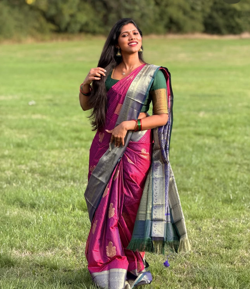 Magenta Kancheepuram Handloom Semi Silk Saree with Gold Zari Border