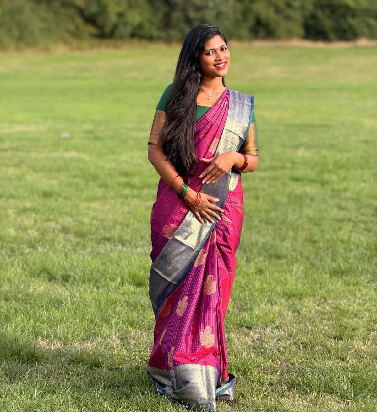 Magenta Kancheepuram Handloom Semi Silk Saree with Gold Zari Border