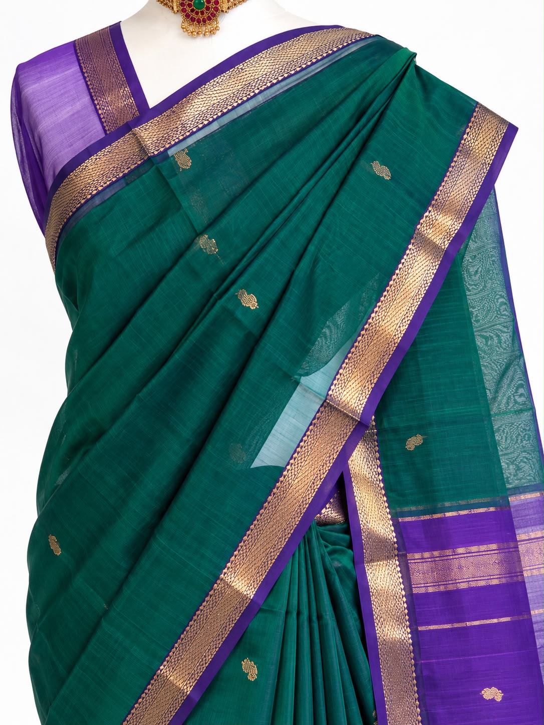 Maheswari Silk Saree in Emerald Green with Purple & Gold Zari Border