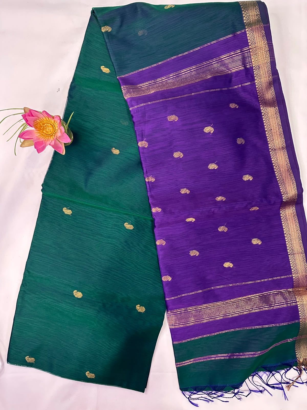 Maheswari Silk Saree in Emerald Green with Purple & Gold Zari Border