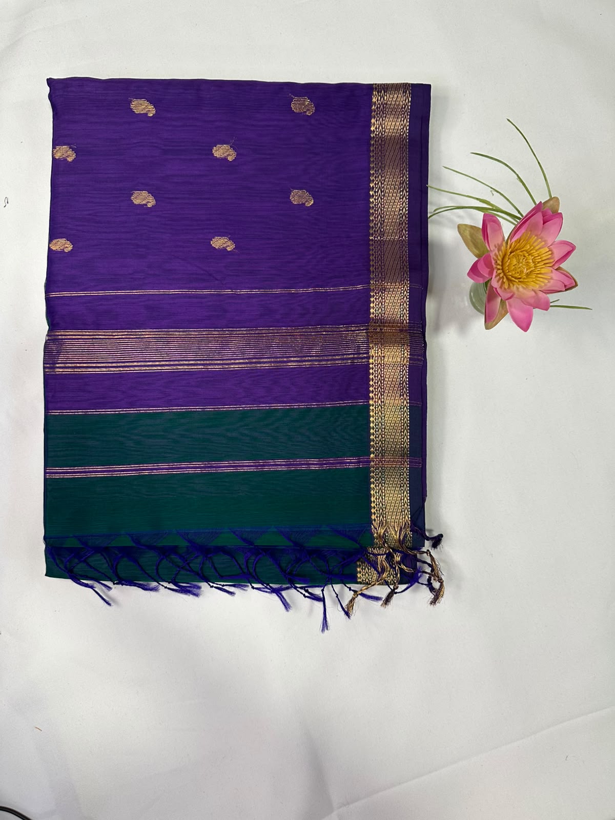 Maheswari Silk Saree in Emerald Green with Purple & Gold Zari Border