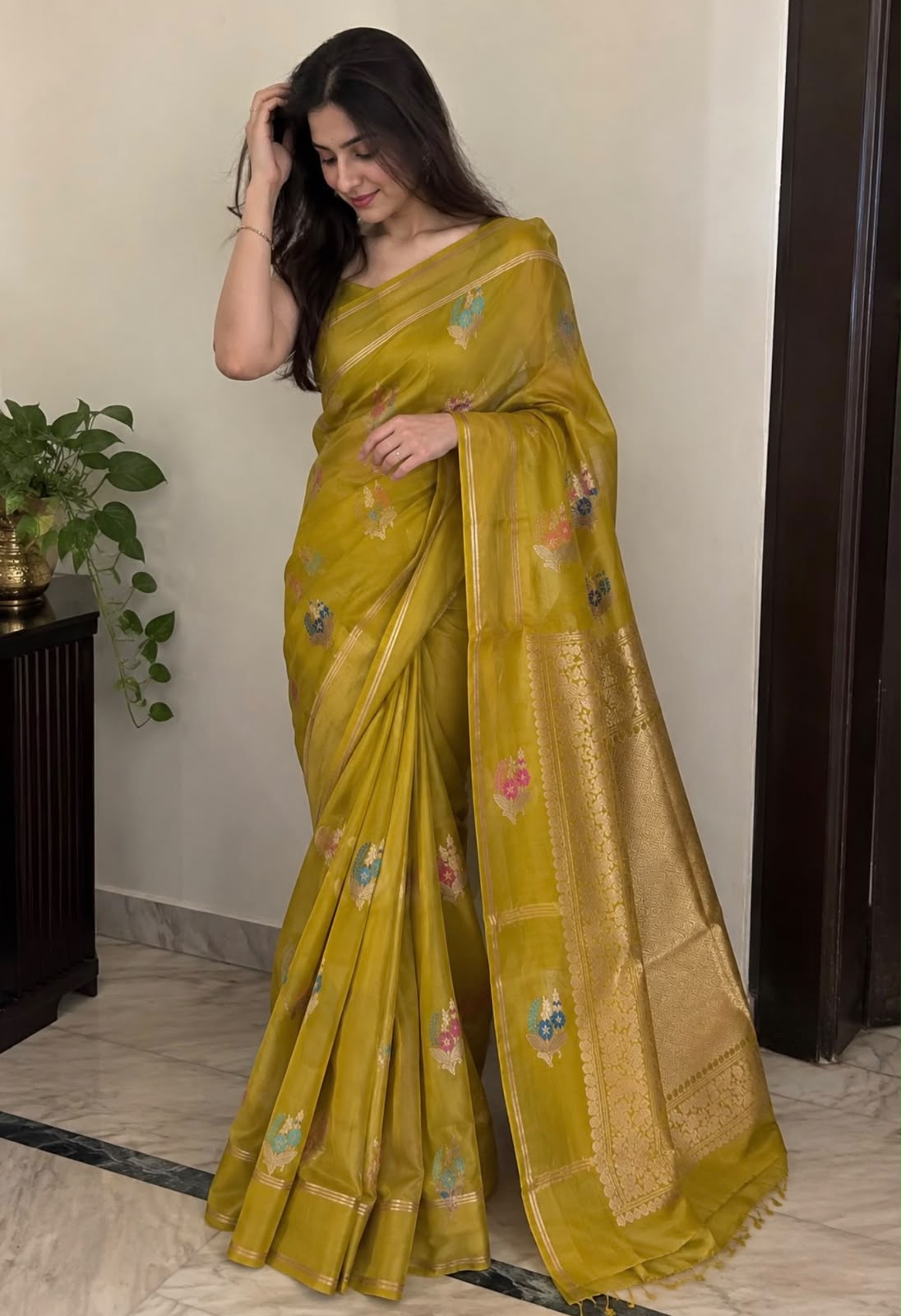 Mustard Green Banarasi Silk Saree with Gold Zari & Floral Motifs