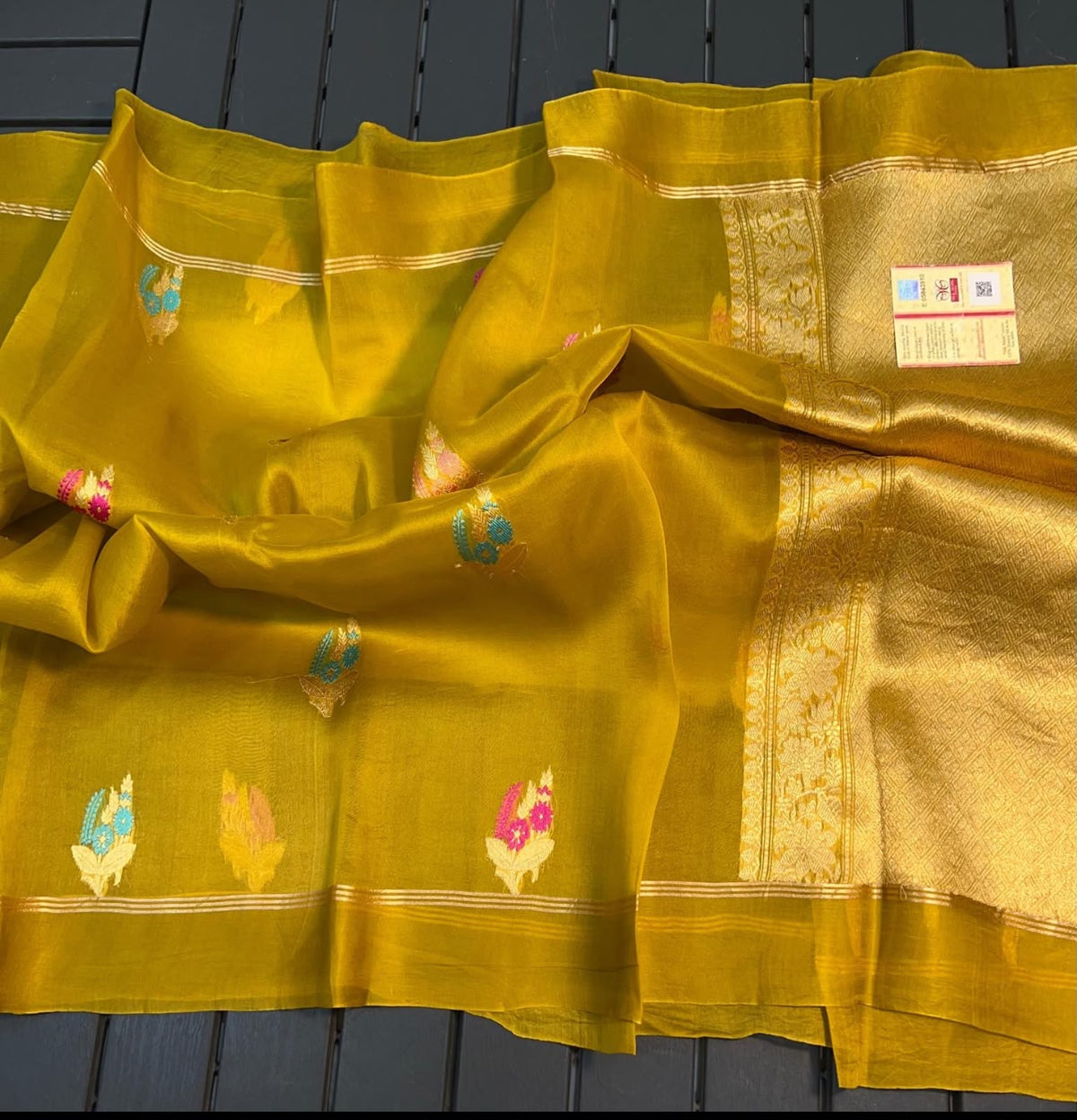 Mustard Green Banarasi Silk Saree with Gold Zari & Floral Motifs