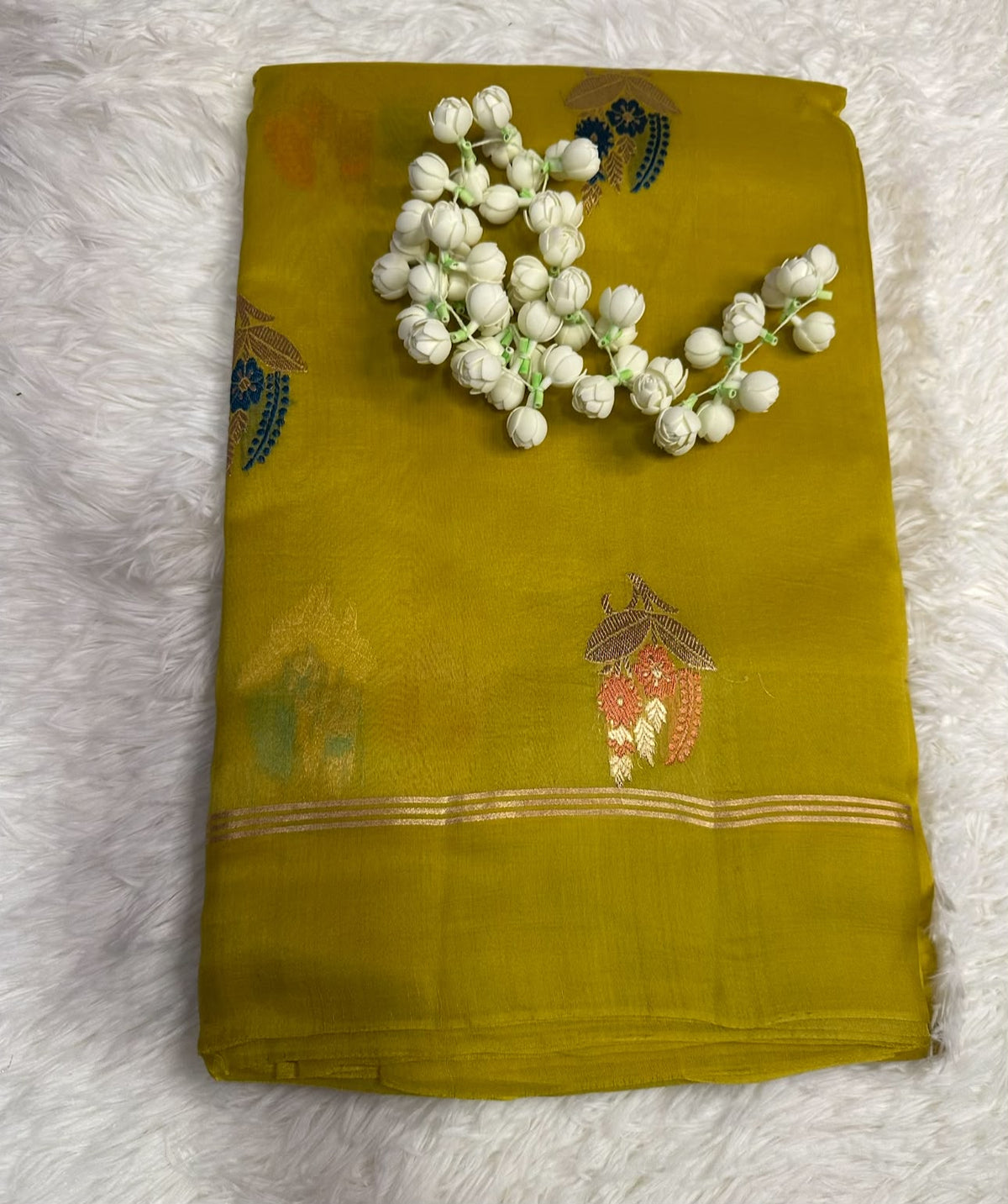Mustard Green Banarasi Silk Saree with Gold Zari & Floral Motifs