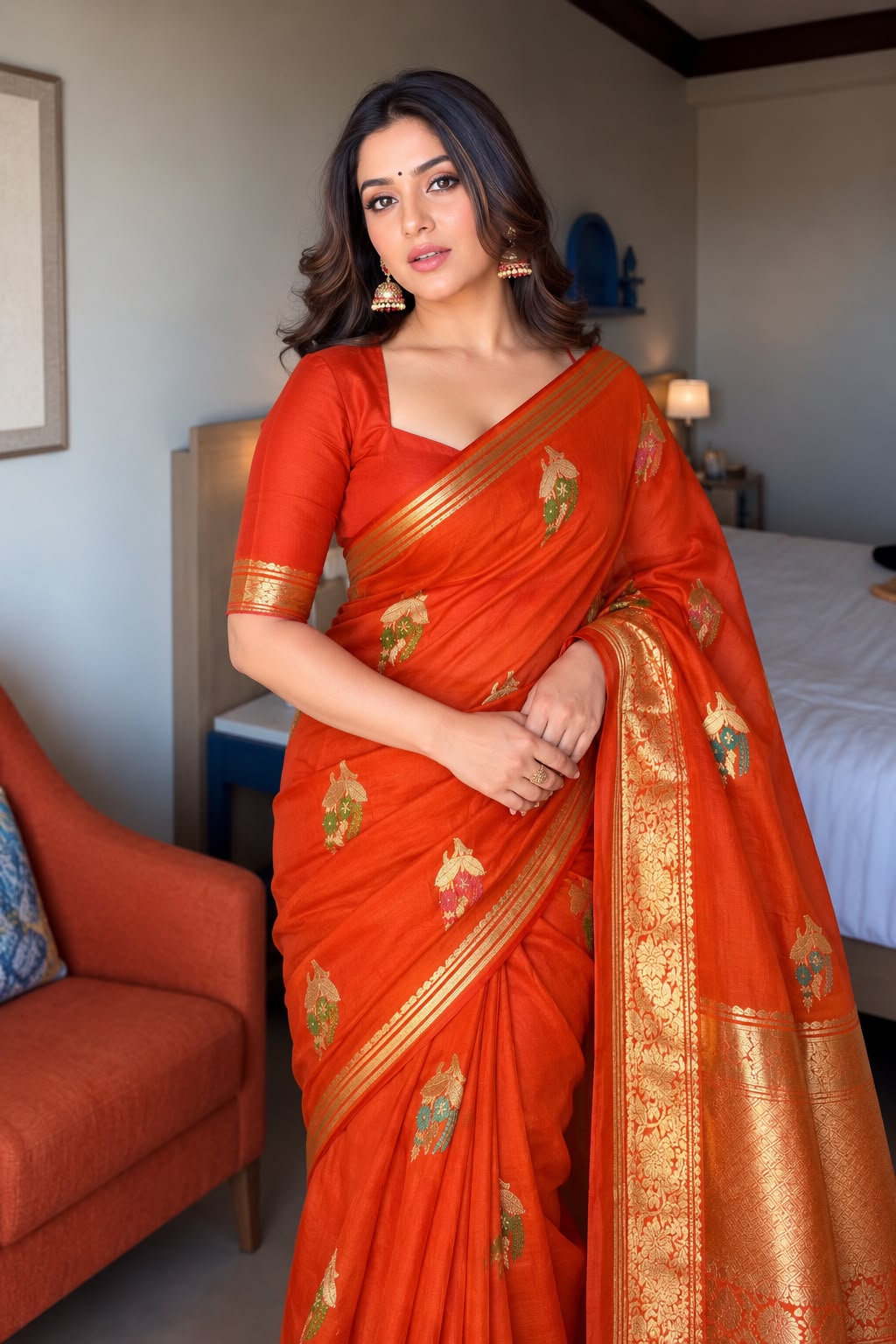 Orange Banarasi Organza Saree with Gold Zari & Floral Motifs