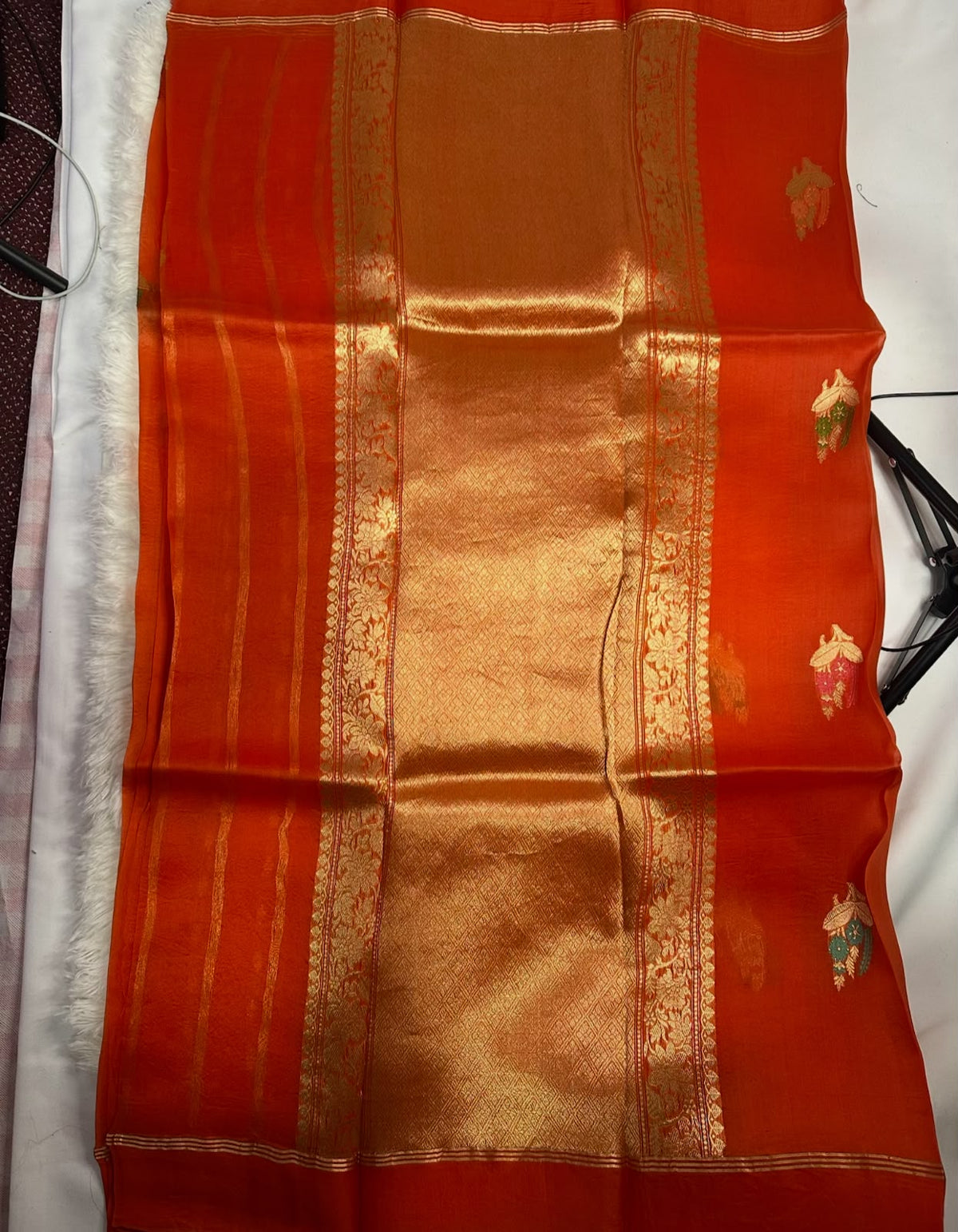 Orange Banarasi Organza Saree with Gold Zari & Floral Motifs