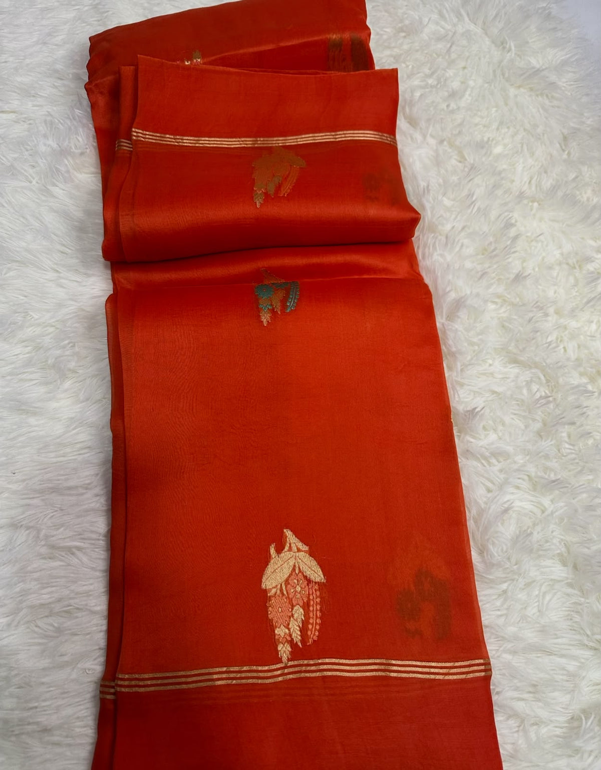 Orange Banarasi Organza Saree with Gold Zari & Floral Motifs