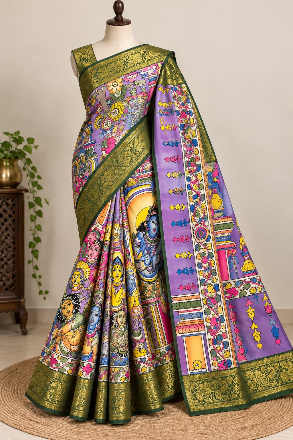 Hand-Painted Pen Kalamkari Bangalore Silk Saree – Srikalahasti, Andhra Pradesh