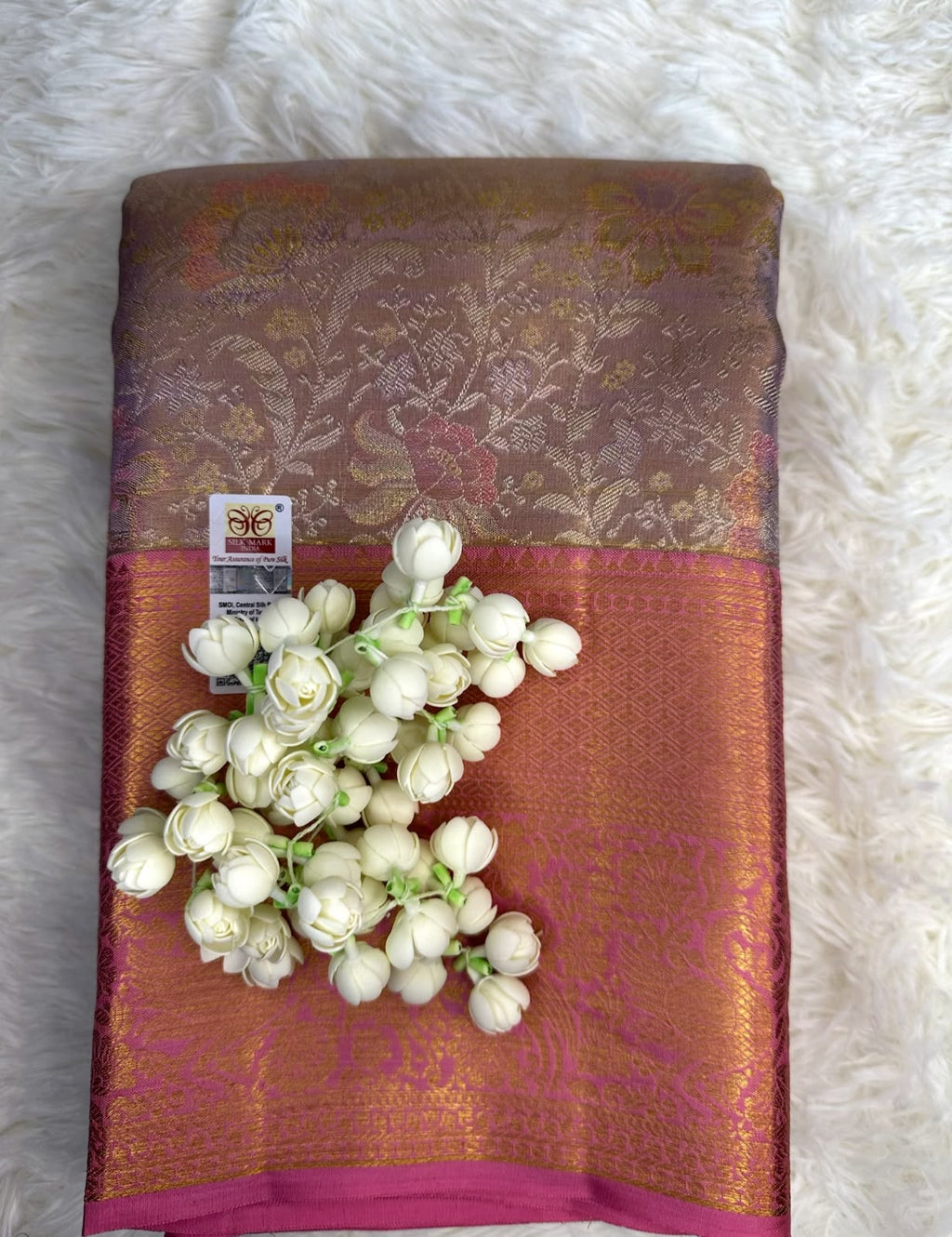 Pure Kanjeevaram Silk Bridal Saree – Rose Pink with Antique Gold Zari Weaving