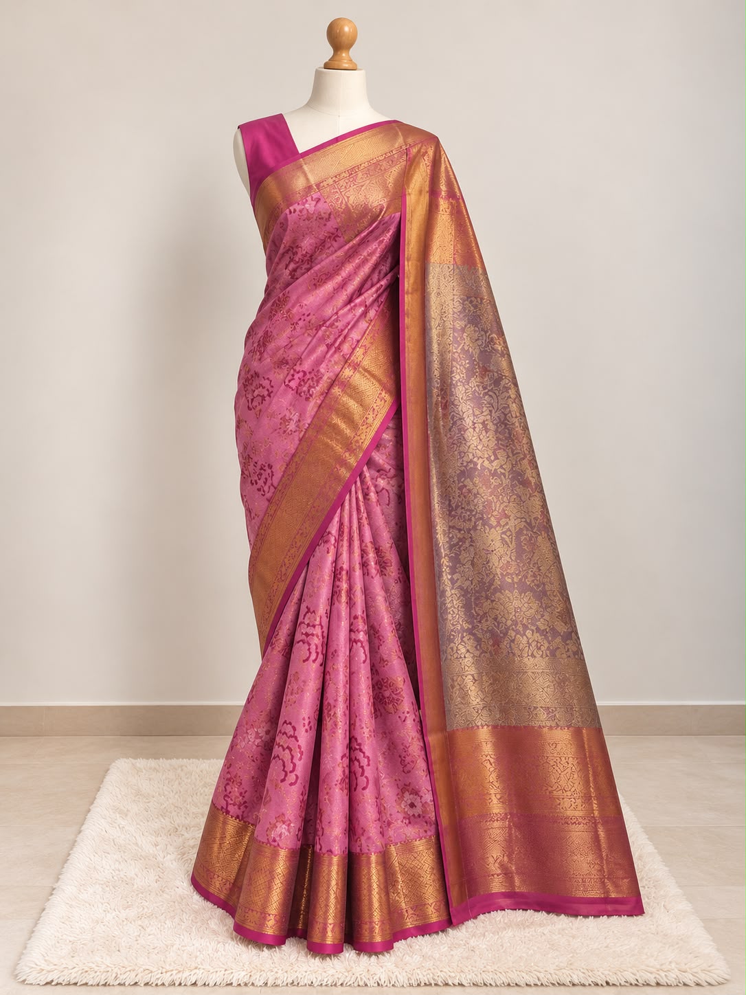 Pure Kanjeevaram Silk Bridal Saree – Rose Pink with Antique Gold Zari Weaving