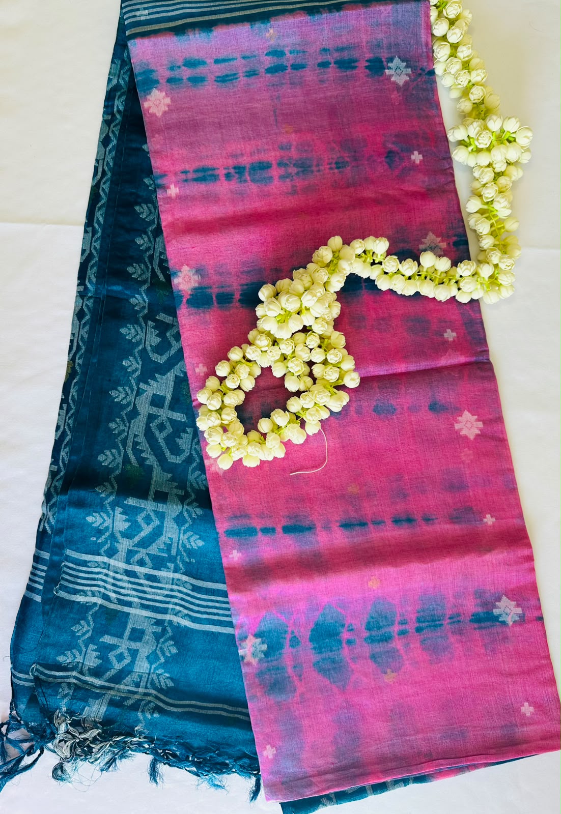 Pink & Teal Linen Silk Saree with Woven Motifs