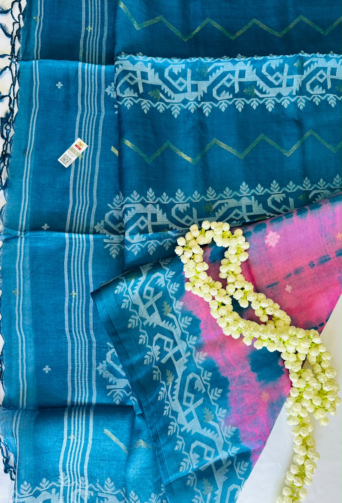 Pink & Teal Linen Silk Saree with Woven Motifs