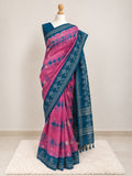 Pink & Teal Linen Silk Saree with Woven Motifs