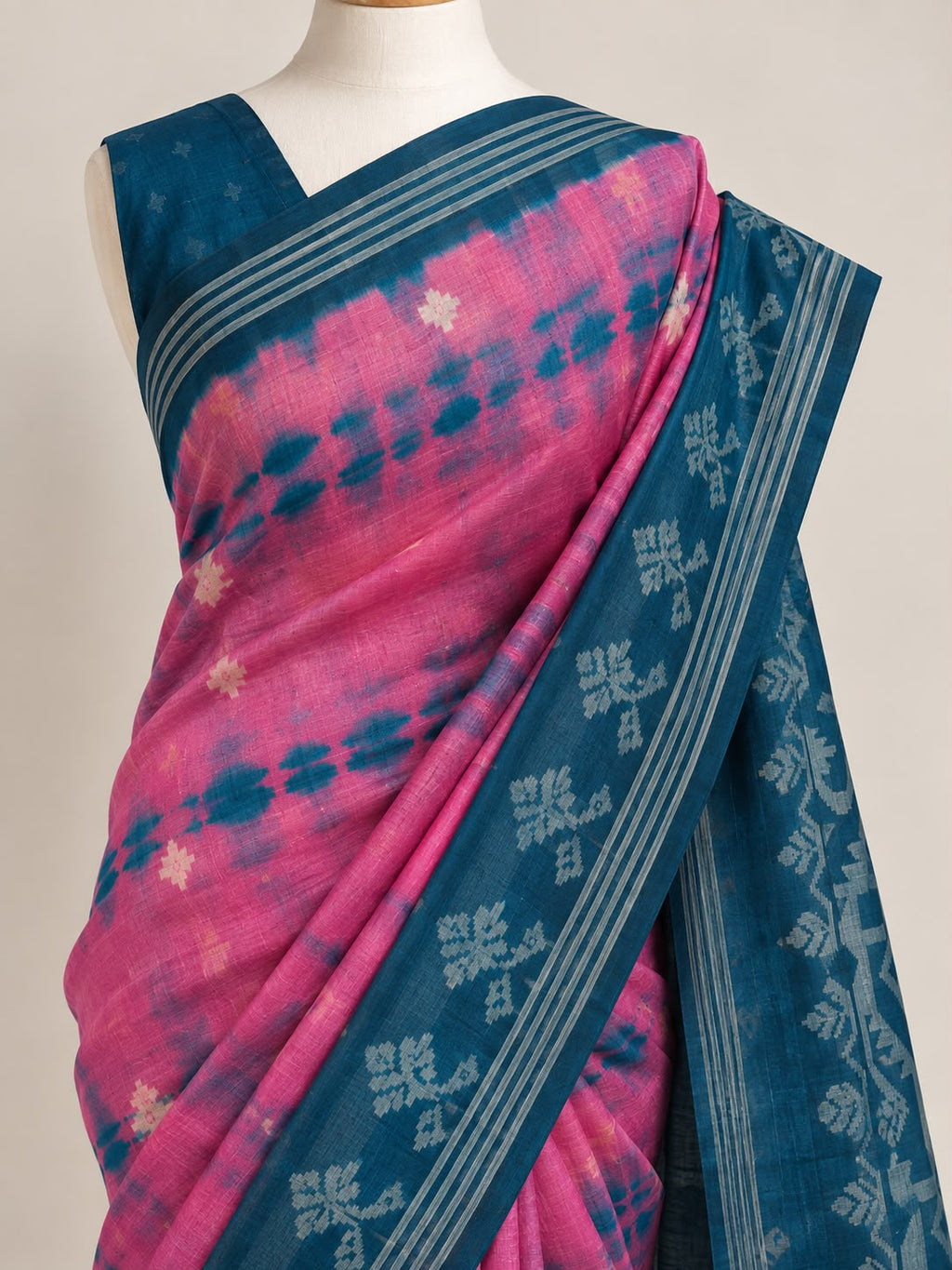 Pink & Teal Linen Silk Saree with Woven Motifs