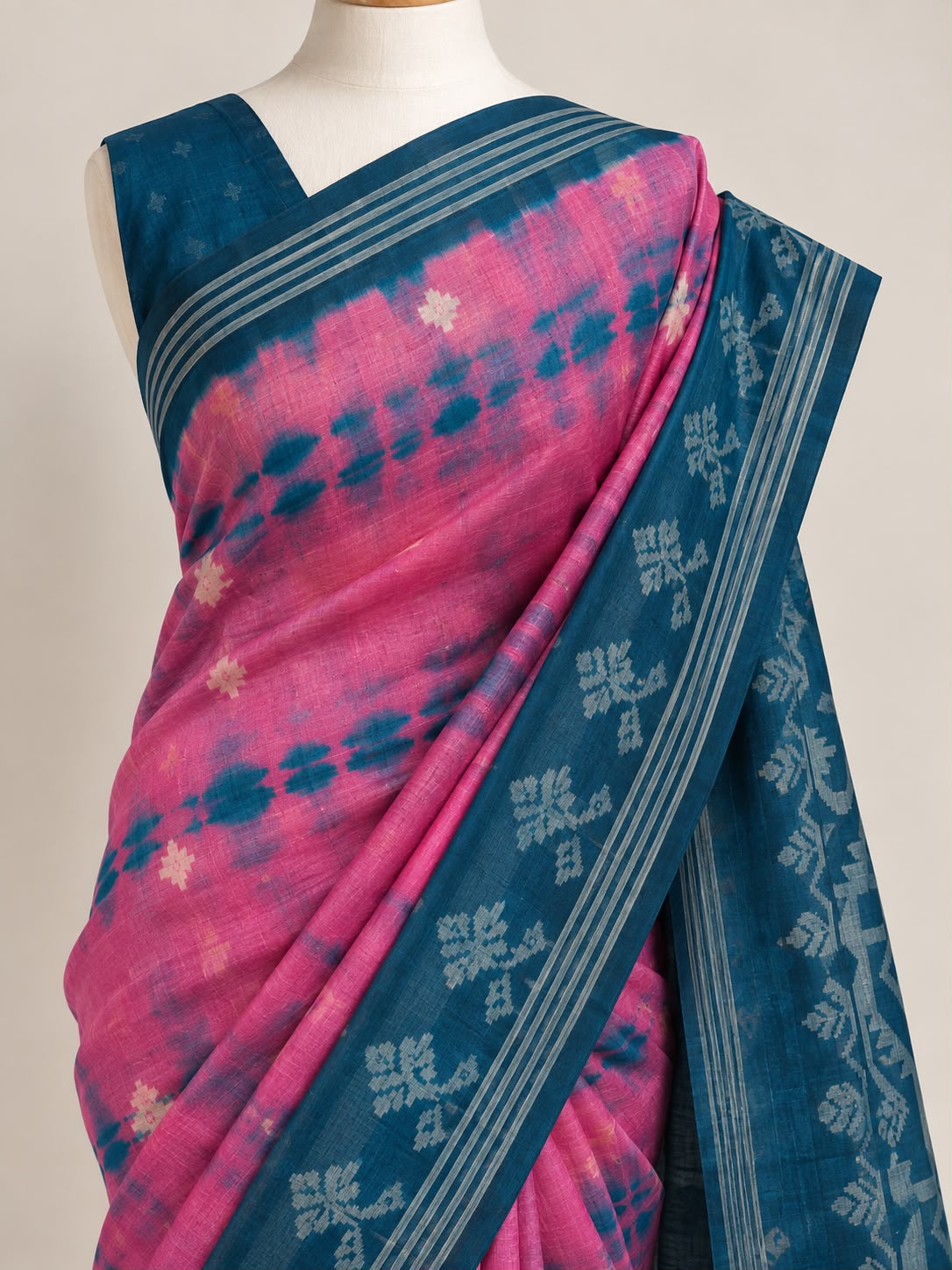 Pink & Teal Linen Silk Saree with Woven Motifs