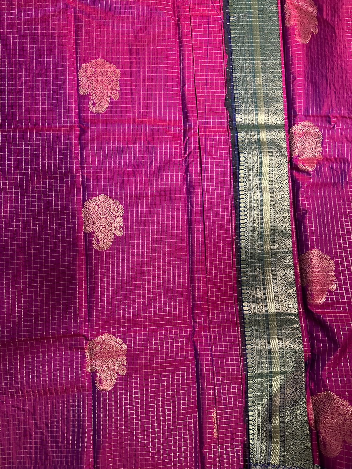 Magenta Kancheepuram Handloom Semi Silk Saree with Gold Zari Border