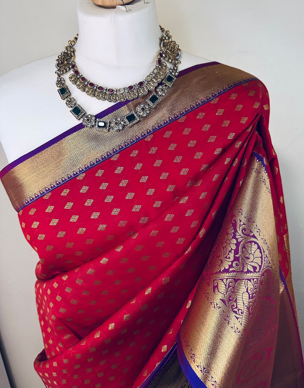 Red Semi-Silk Kancheepuram Saree with Gold Zari & Purple Border