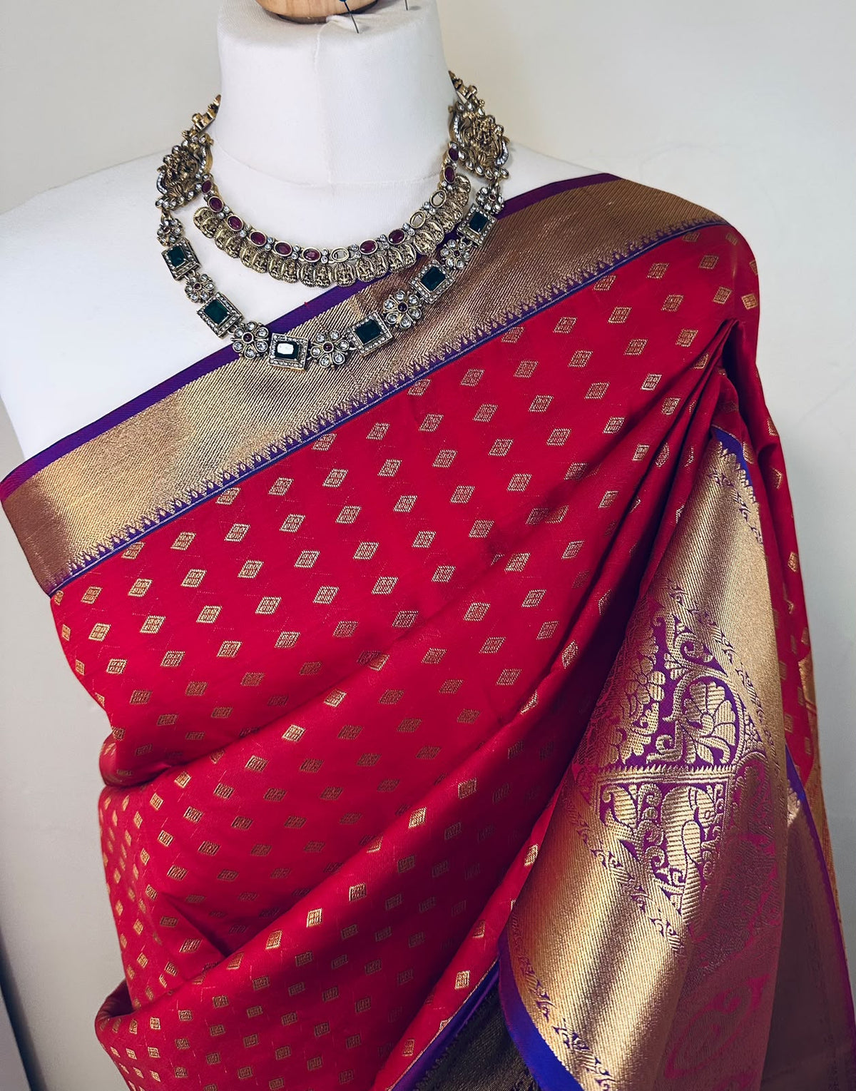 Red Semi-Silk Kancheepuram Saree with Gold Zari & Purple Border