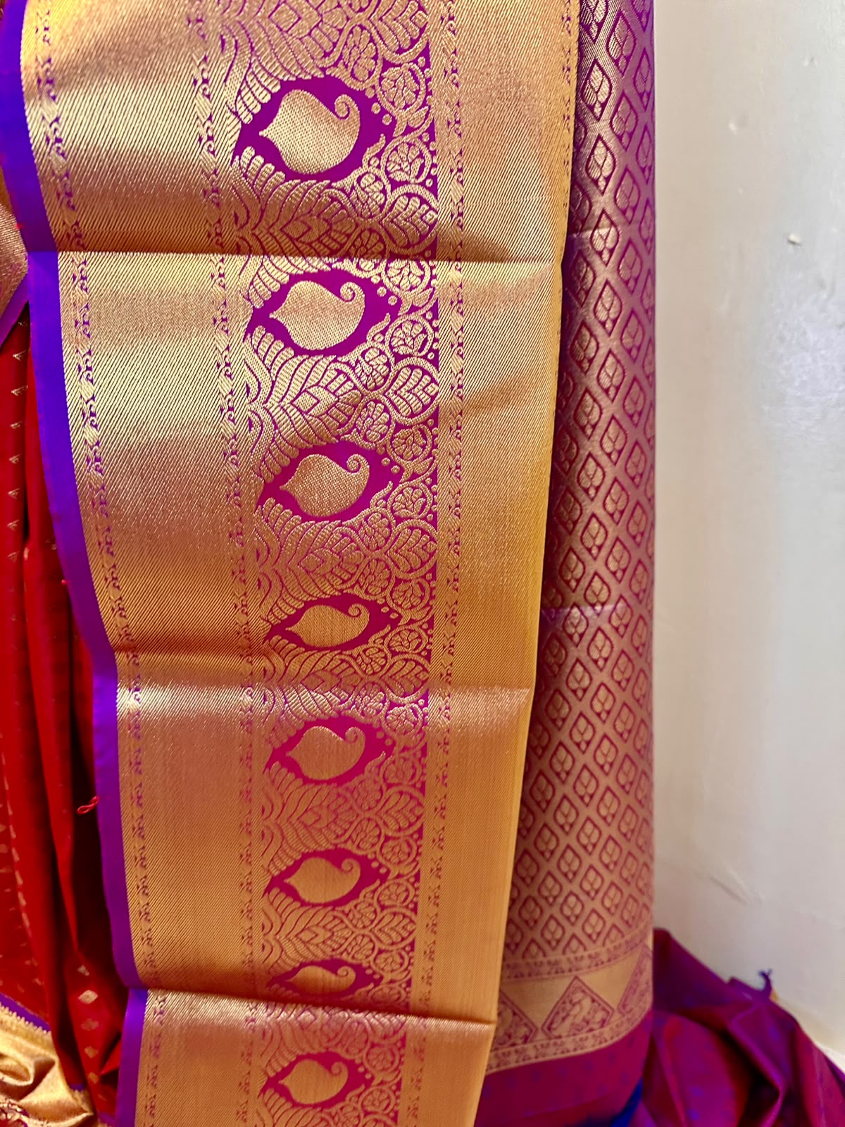 Red Semi-Silk Kancheepuram Saree with Gold Zari & Purple Border