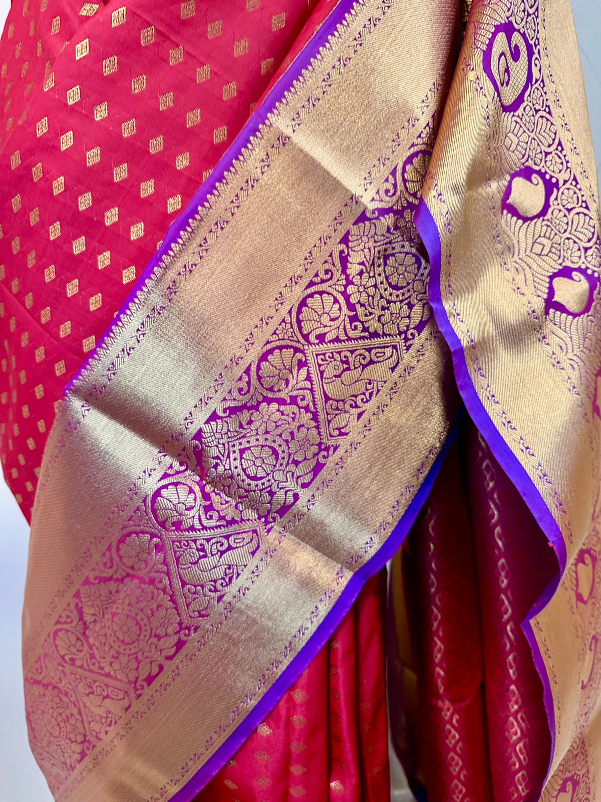 Red Semi-Silk Kancheepuram Saree with Gold Zari & Purple Border