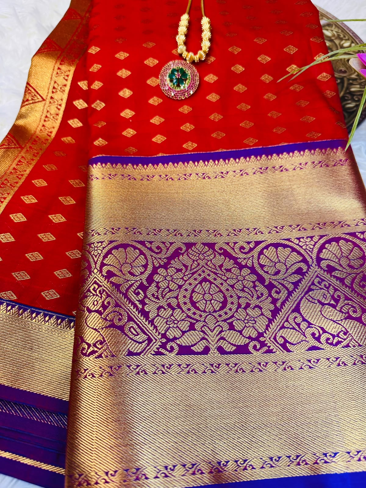 Red Semi-Silk Kancheepuram Saree with Gold Zari & Purple Border