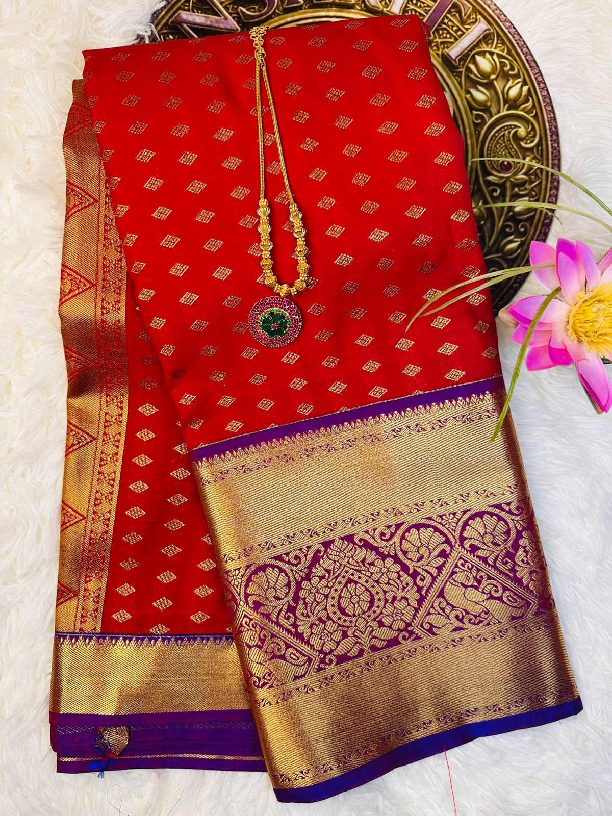 Red Semi-Silk Kancheepuram Saree with Gold Zari & Purple Border