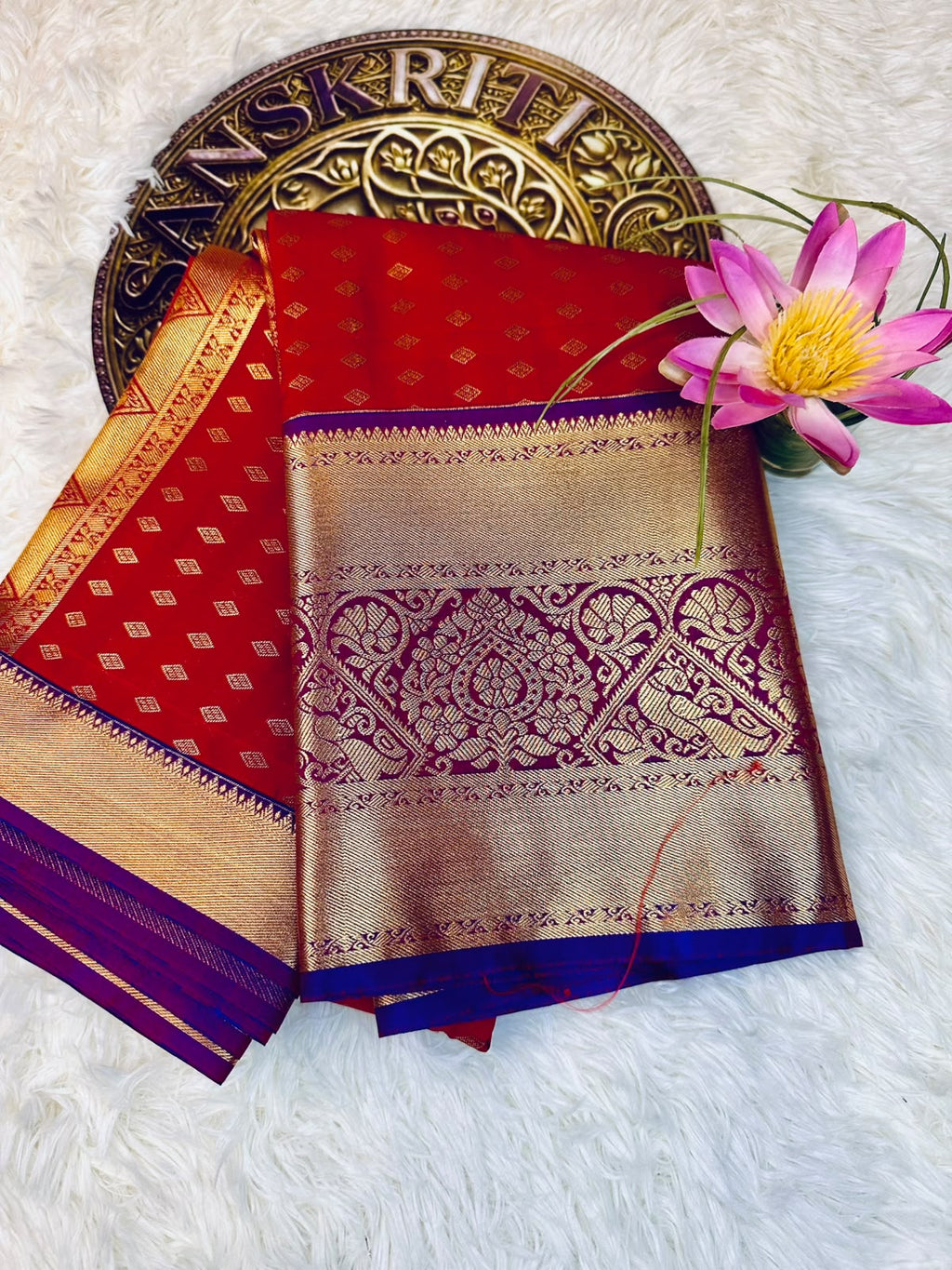 Red Semi-Silk Kancheepuram Saree with Gold Zari & Purple Border