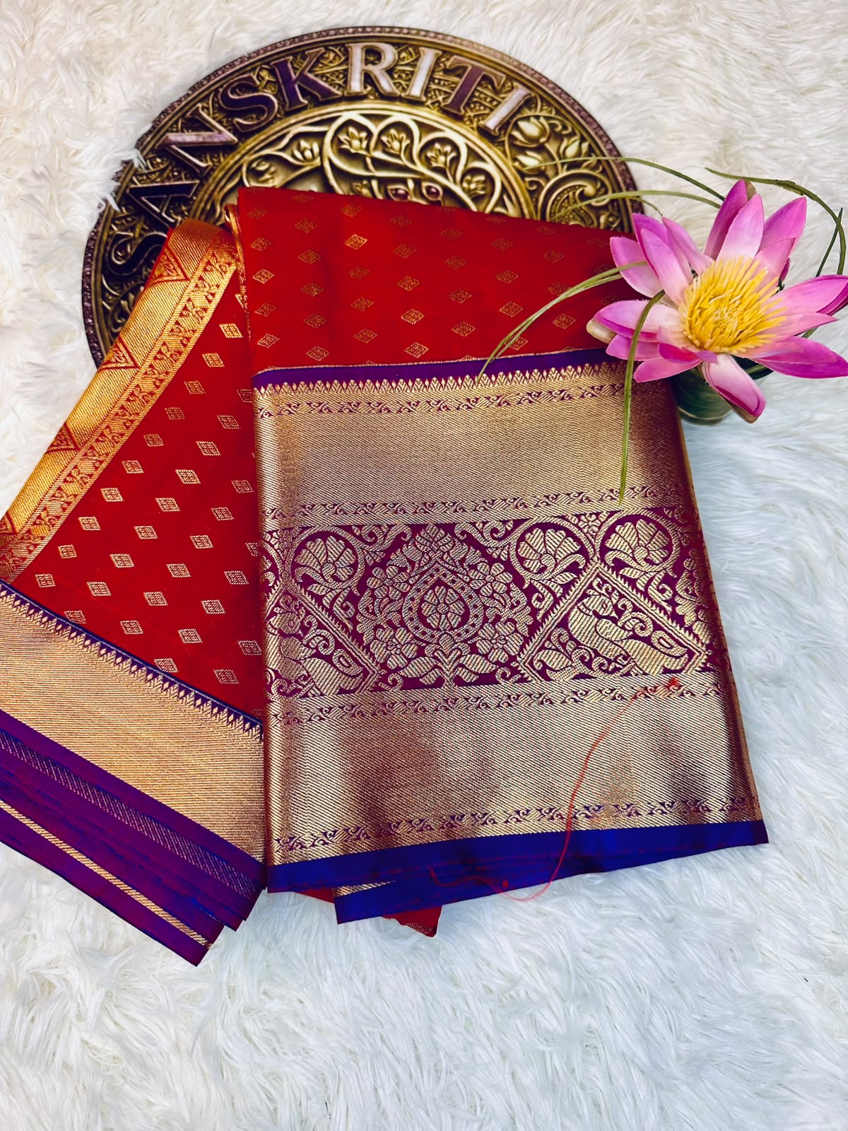 Red Semi-Silk Kancheepuram Saree with Gold Zari & Purple Border