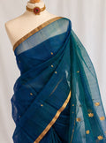Maheshwari Silk Saree in Teal with Gold Lotus Motifs & Zari Border